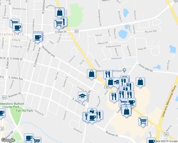 map of restaurants, bars, coffee shops, grocery stores, and more near 26 Lindberg Street in Statesboro