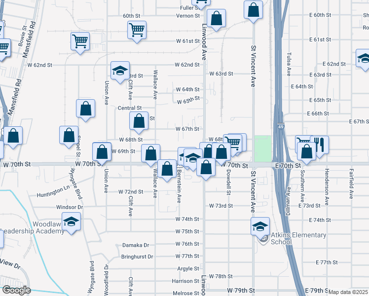 map of restaurants, bars, coffee shops, grocery stores, and more near 446 West 69th Street in Shreveport