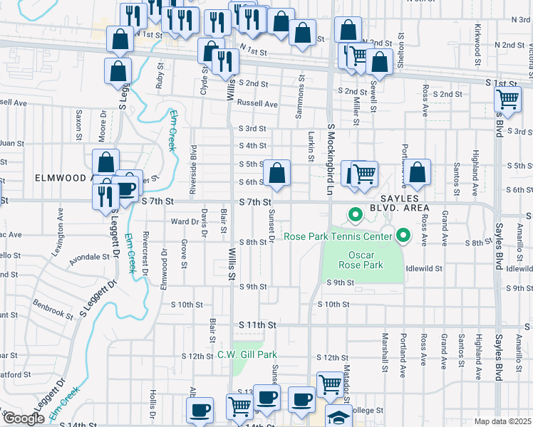 map of restaurants, bars, coffee shops, grocery stores, and more near 3125 South 7th Street in Abilene