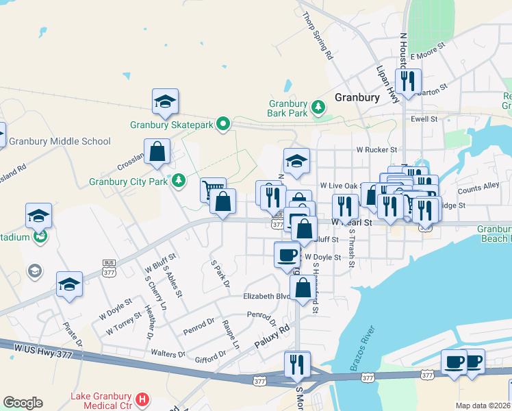 map of restaurants, bars, coffee shops, grocery stores, and more near 904 West Bridge Street in Granbury