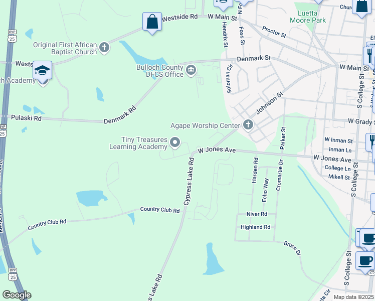 map of restaurants, bars, coffee shops, grocery stores, and more near 701 West Jones Avenue in Statesboro