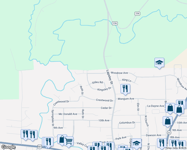 map of restaurants, bars, coffee shops, grocery stores, and more near 401-403 Woodrow Avenue in Selma