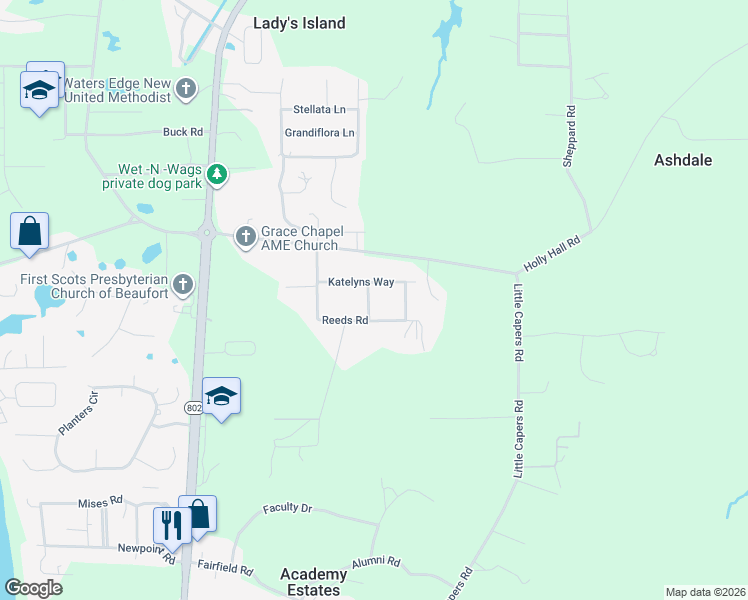 map of restaurants, bars, coffee shops, grocery stores, and more near 3 Chloes Way in Beaufort