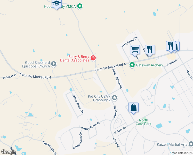 map of restaurants, bars, coffee shops, grocery stores, and more near 2720 James Road in Granbury