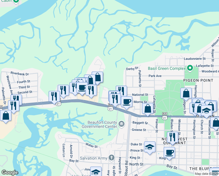 map of restaurants, bars, coffee shops, grocery stores, and more near 201-299 Burnside Street in Beaufort