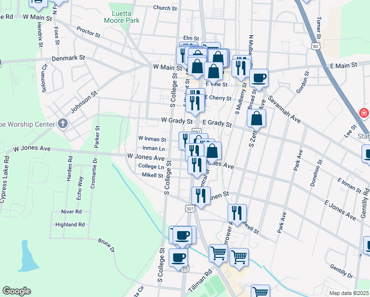 map of restaurants, bars, coffee shops, grocery stores, and more near 225 South Main Street in Statesboro