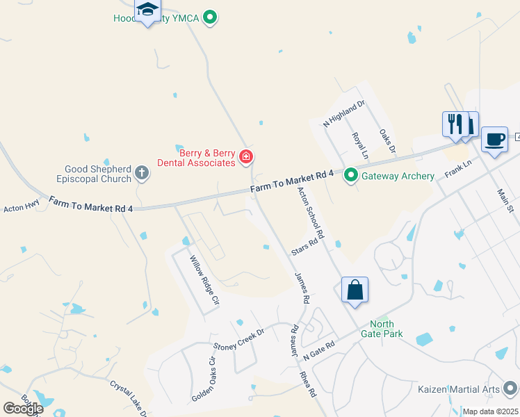 map of restaurants, bars, coffee shops, grocery stores, and more near 2722 James Road in Granbury