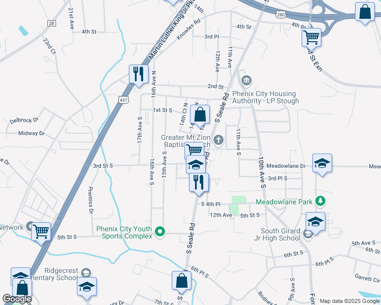map of restaurants, bars, coffee shops, grocery stores, and more near 228 14th Avenue South in Phenix City