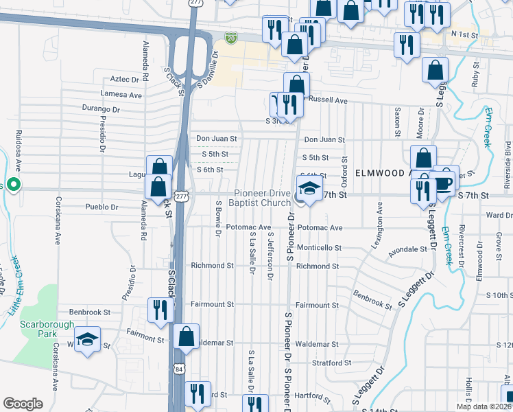 map of restaurants, bars, coffee shops, grocery stores, and more near 710 South Jefferson Drive in Abilene