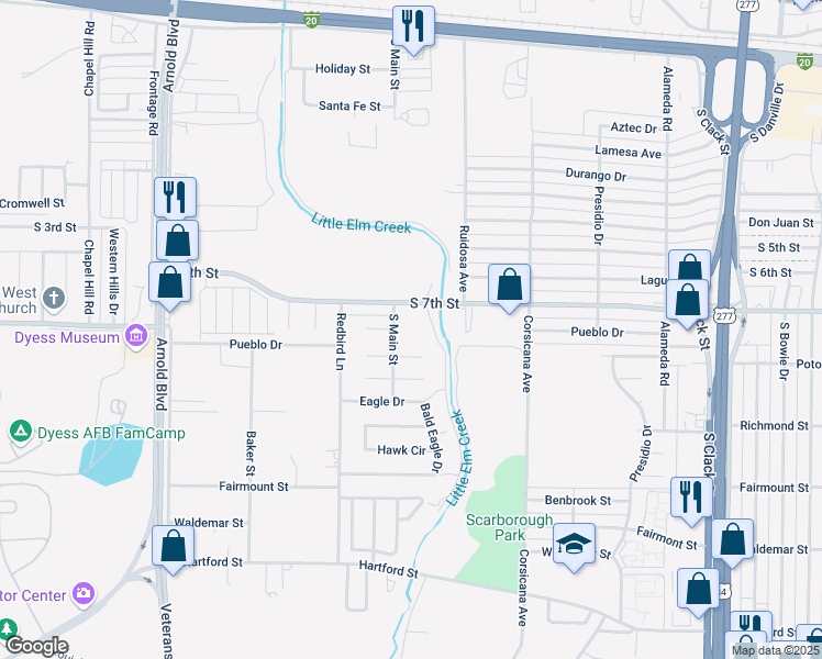 map of restaurants, bars, coffee shops, grocery stores, and more near 5642 Pueblo Drive in Abilene