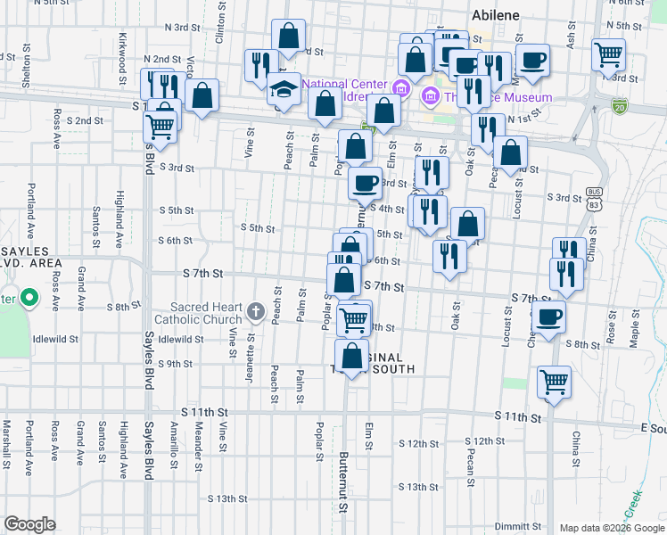 map of restaurants, bars, coffee shops, grocery stores, and more near 610 Poplar Street in Abilene