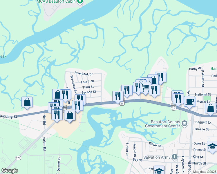 map of restaurants, bars, coffee shops, grocery stores, and more near 2243 Boundary Street in Beaufort