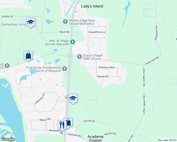 map of restaurants, bars, coffee shops, grocery stores, and more near 99 Stevic Court in Beaufort