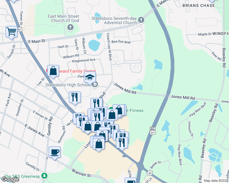map of restaurants, bars, coffee shops, grocery stores, and more near 300 Jones Mill Road in Statesboro
