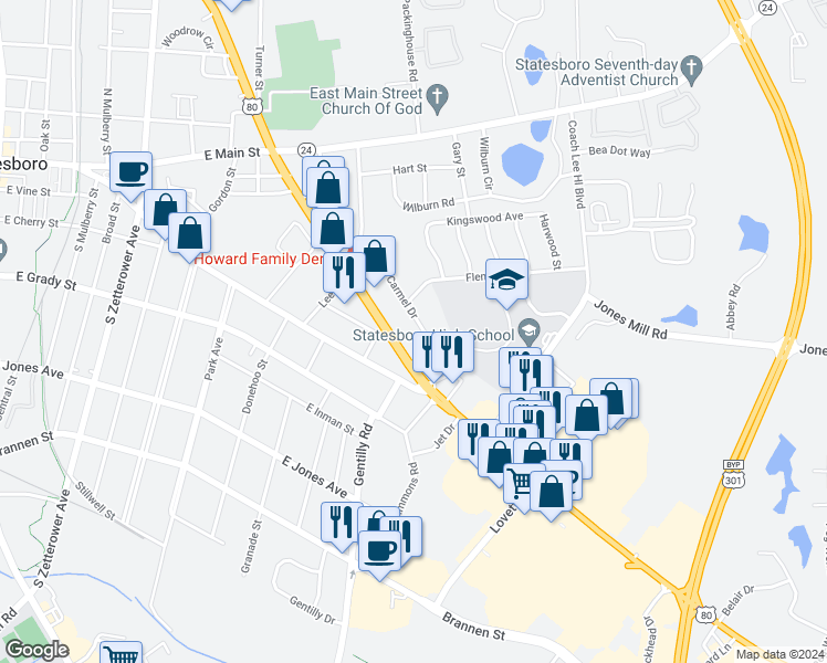 map of restaurants, bars, coffee shops, grocery stores, and more near 17 Carmel Drive in Statesboro