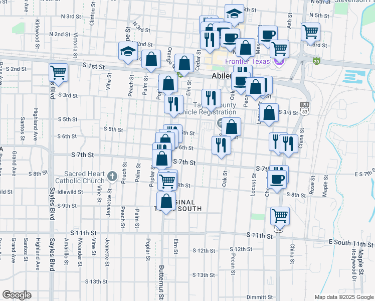 map of restaurants, bars, coffee shops, grocery stores, and more near 1141 S 6th St in Abilene