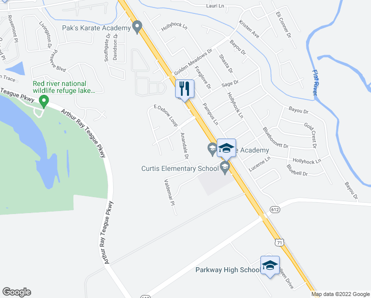 map of restaurants, bars, coffee shops, grocery stores, and more near 6317 Anandale Drive in Bossier City
