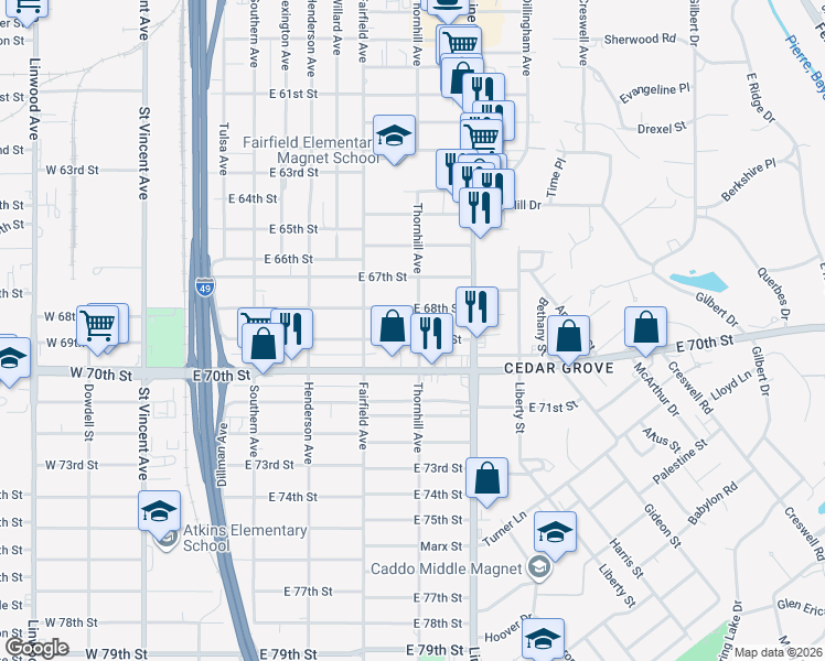 map of restaurants, bars, coffee shops, grocery stores, and more near 468 E 69th St in Shreveport