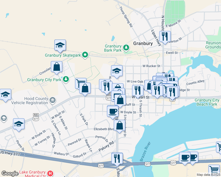map of restaurants, bars, coffee shops, grocery stores, and more near 200 North Jones Street in Granbury