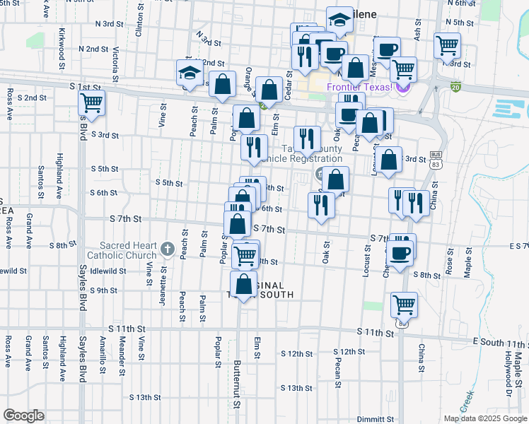 map of restaurants, bars, coffee shops, grocery stores, and more near 1141 South 6th Street in Abilene