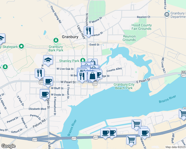 map of restaurants, bars, coffee shops, grocery stores, and more near 119 East Bridge Street in Granbury