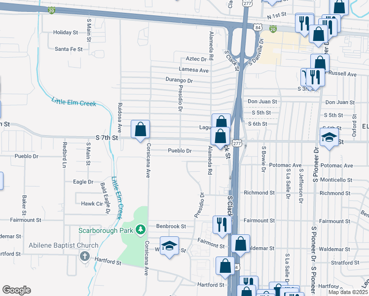 map of restaurants, bars, coffee shops, grocery stores, and more near 5290 Pueblo Drive in Abilene