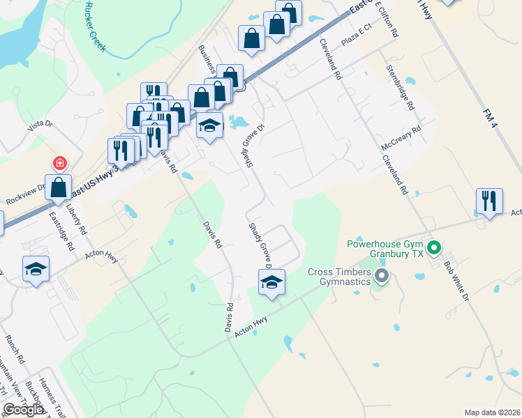 map of restaurants, bars, coffee shops, grocery stores, and more near 703 Shady Grove Drive in Granbury