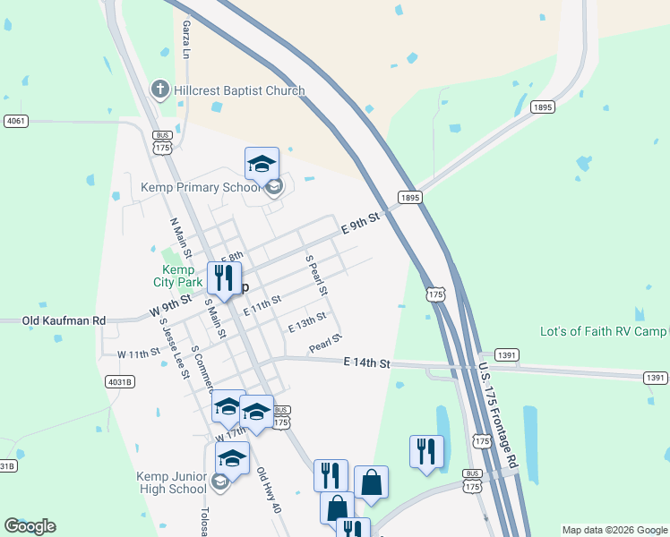 map of restaurants, bars, coffee shops, grocery stores, and more near 707 East 11th Street in Kemp