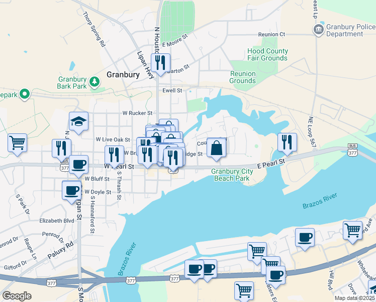 map of restaurants, bars, coffee shops, grocery stores, and more near 307 East Bridge Street in Granbury