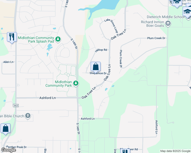map of restaurants, bars, coffee shops, grocery stores, and more near 860 Sheparkon Drive in Midlothian