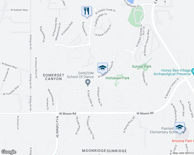 map of restaurants, bars, coffee shops, grocery stores, and more near West Desert Fairway Drive in Oro Valley