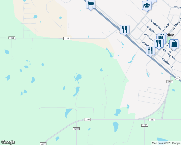 map of restaurants, bars, coffee shops, grocery stores, and more near 7825 County Road 1128 in Godley