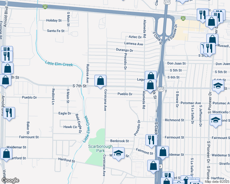 map of restaurants, bars, coffee shops, grocery stores, and more near 5374 Pueblo Drive in Abilene