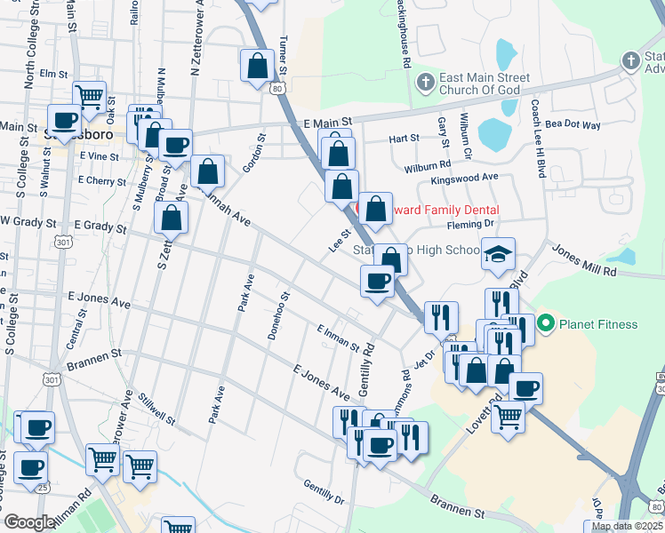 map of restaurants, bars, coffee shops, grocery stores, and more near 351 Savannah Avenue in Statesboro