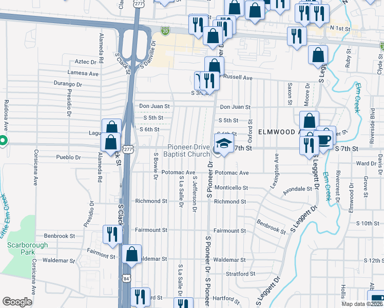 map of restaurants, bars, coffee shops, grocery stores, and more near 710 South Jefferson Drive in Abilene
