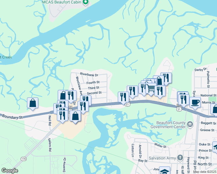 map of restaurants, bars, coffee shops, grocery stores, and more near 2243 Boundary Street in Beaufort