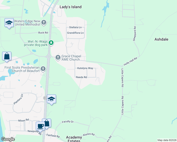 map of restaurants, bars, coffee shops, grocery stores, and more near 3 Chloes Way in Beaufort