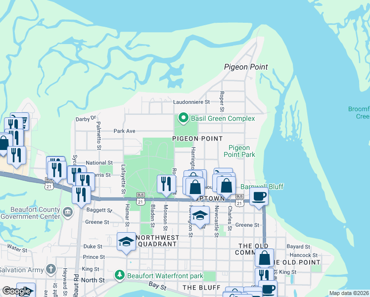 map of restaurants, bars, coffee shops, grocery stores, and more near 1305 Cherokee Road in Beaufort