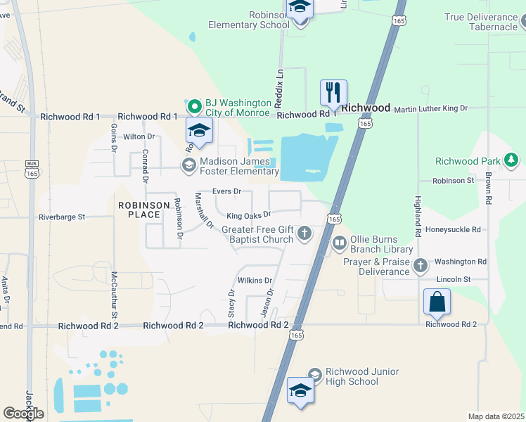 map of restaurants, bars, coffee shops, grocery stores, and more near 201 Jones Dr in Monroe