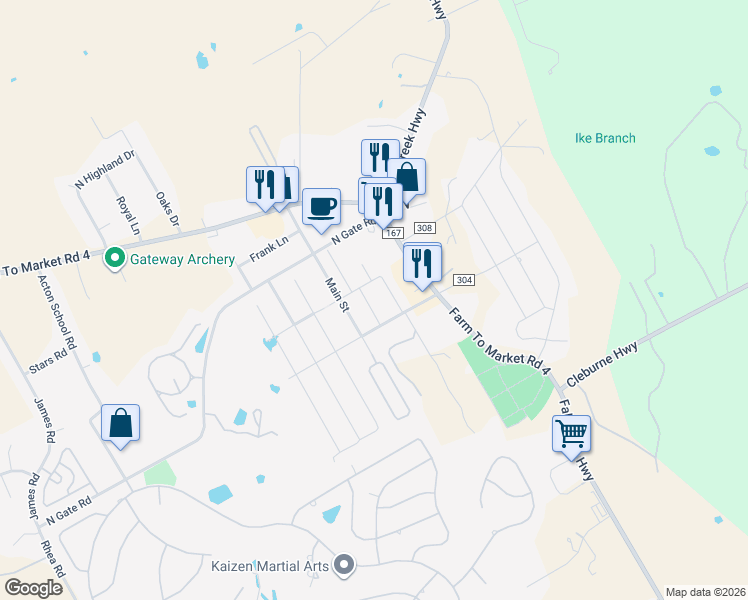 map of restaurants, bars, coffee shops, grocery stores, and more near 3207 McCoy Lane in Granbury