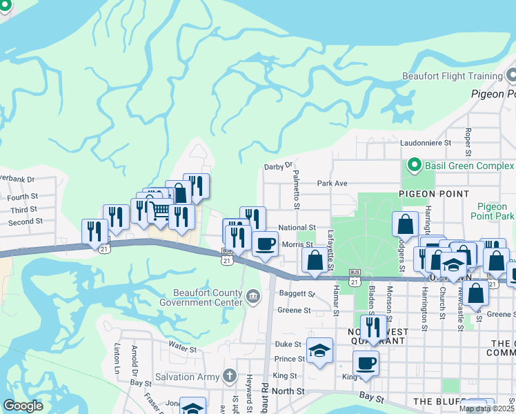 map of restaurants, bars, coffee shops, grocery stores, and more near 1506 Sycamore Street in Beaufort