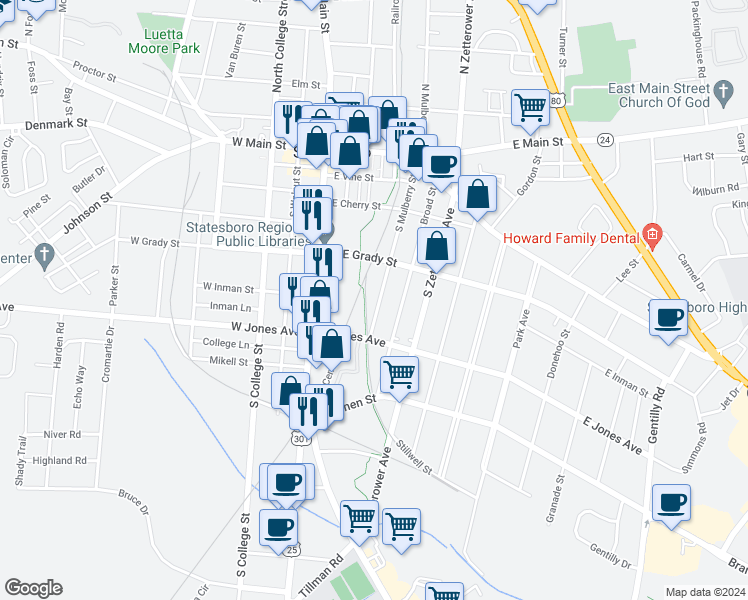map of restaurants, bars, coffee shops, grocery stores, and more near 235 South Mulberry Street in Statesboro