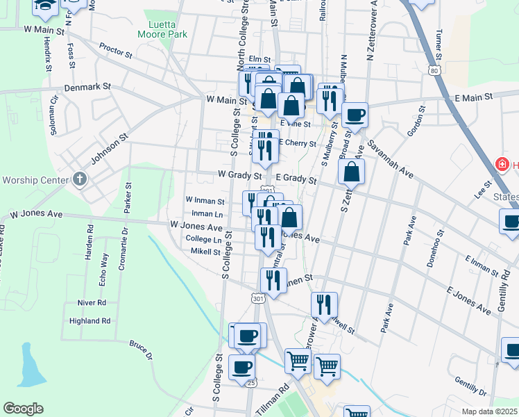 map of restaurants, bars, coffee shops, grocery stores, and more near 225 S Main St in Statesboro