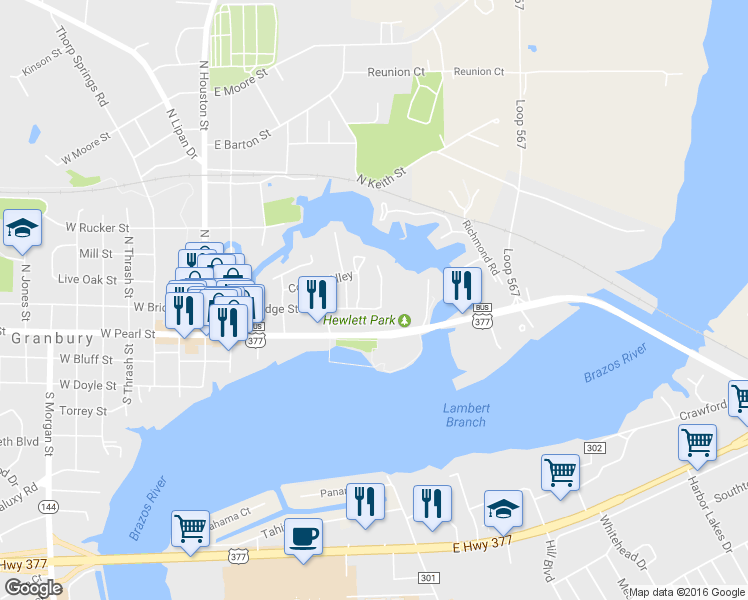 map of restaurants, bars, coffee shops, grocery stores, and more near 621 E Bridge St in Granbury
