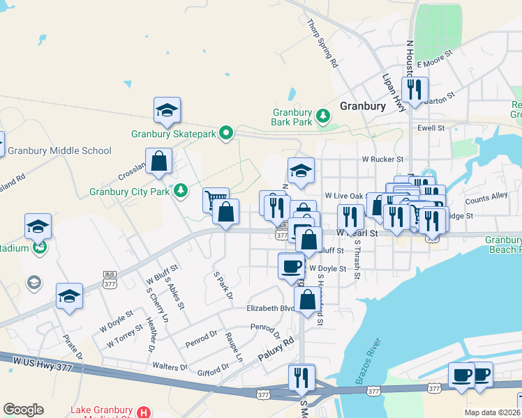 map of restaurants, bars, coffee shops, grocery stores, and more near 904 West Bridge Street in Granbury