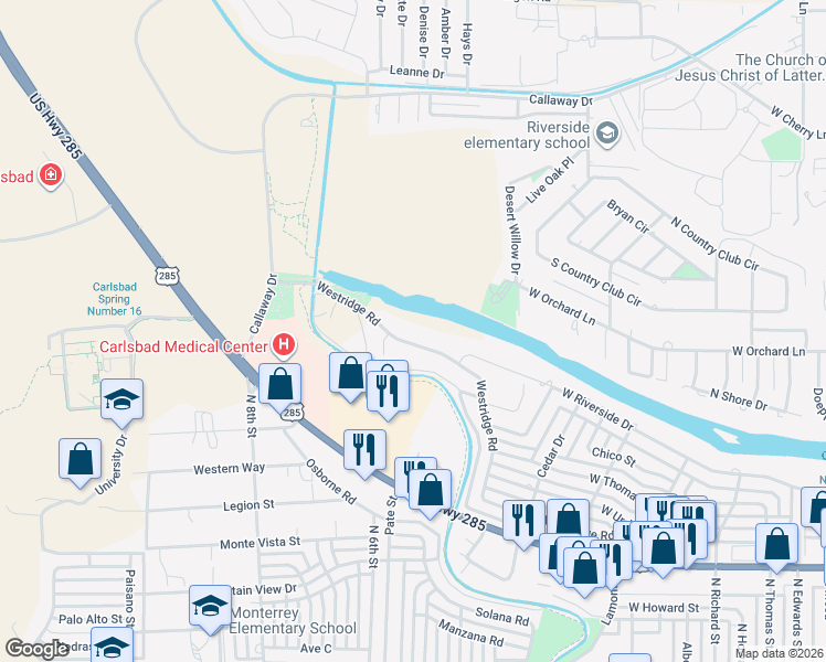 map of restaurants, bars, coffee shops, grocery stores, and more near 2200 Westridge Road in Carlsbad