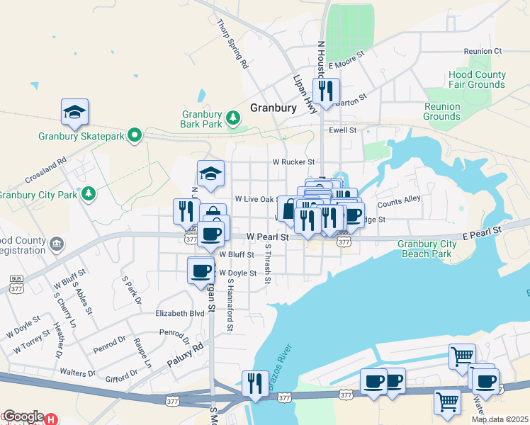 map of restaurants, bars, coffee shops, grocery stores, and more near 404 West Bridge Street in Granbury