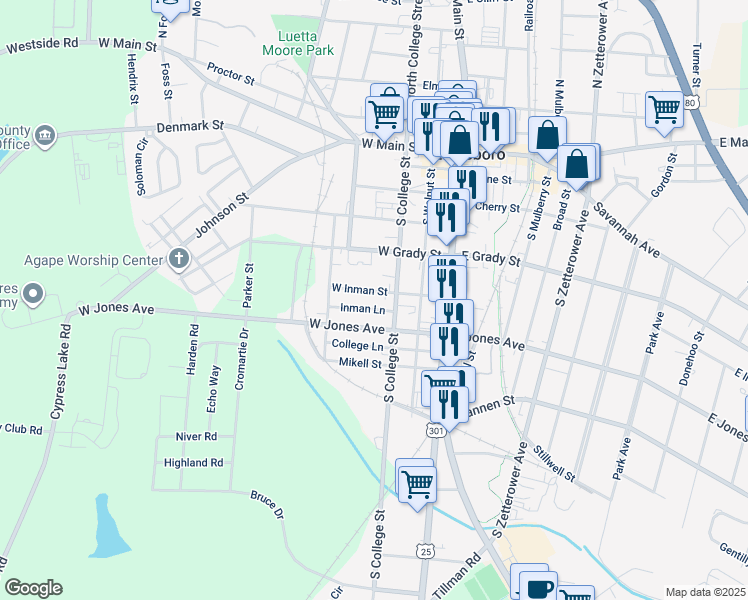 map of restaurants, bars, coffee shops, grocery stores, and more near 108 West Inman Street in Statesboro