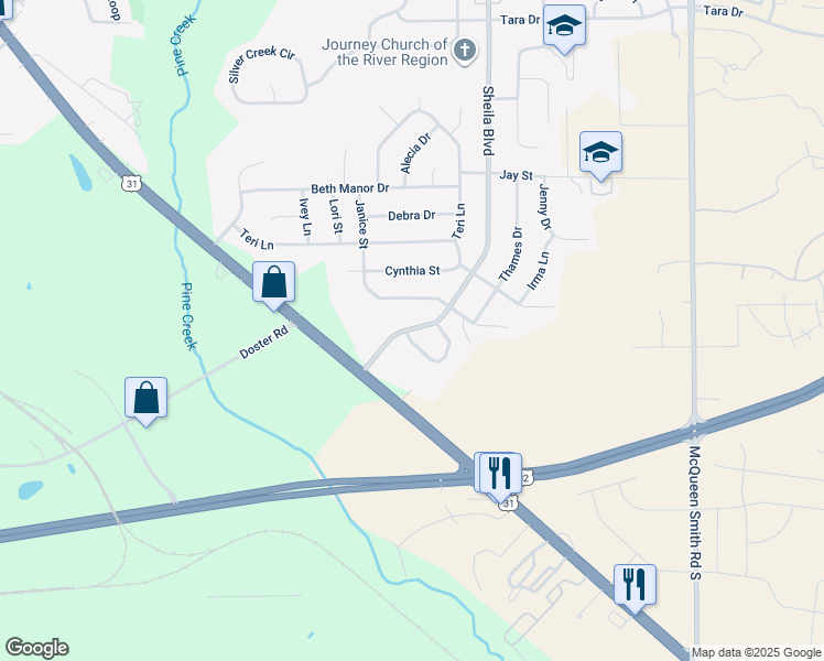 map of restaurants, bars, coffee shops, grocery stores, and more near 115-117 Sheila Boulevard in Prattville