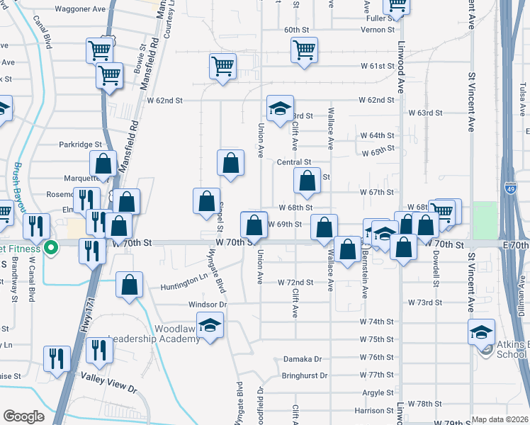 map of restaurants, bars, coffee shops, grocery stores, and more near 741 West 68th Street in Shreveport